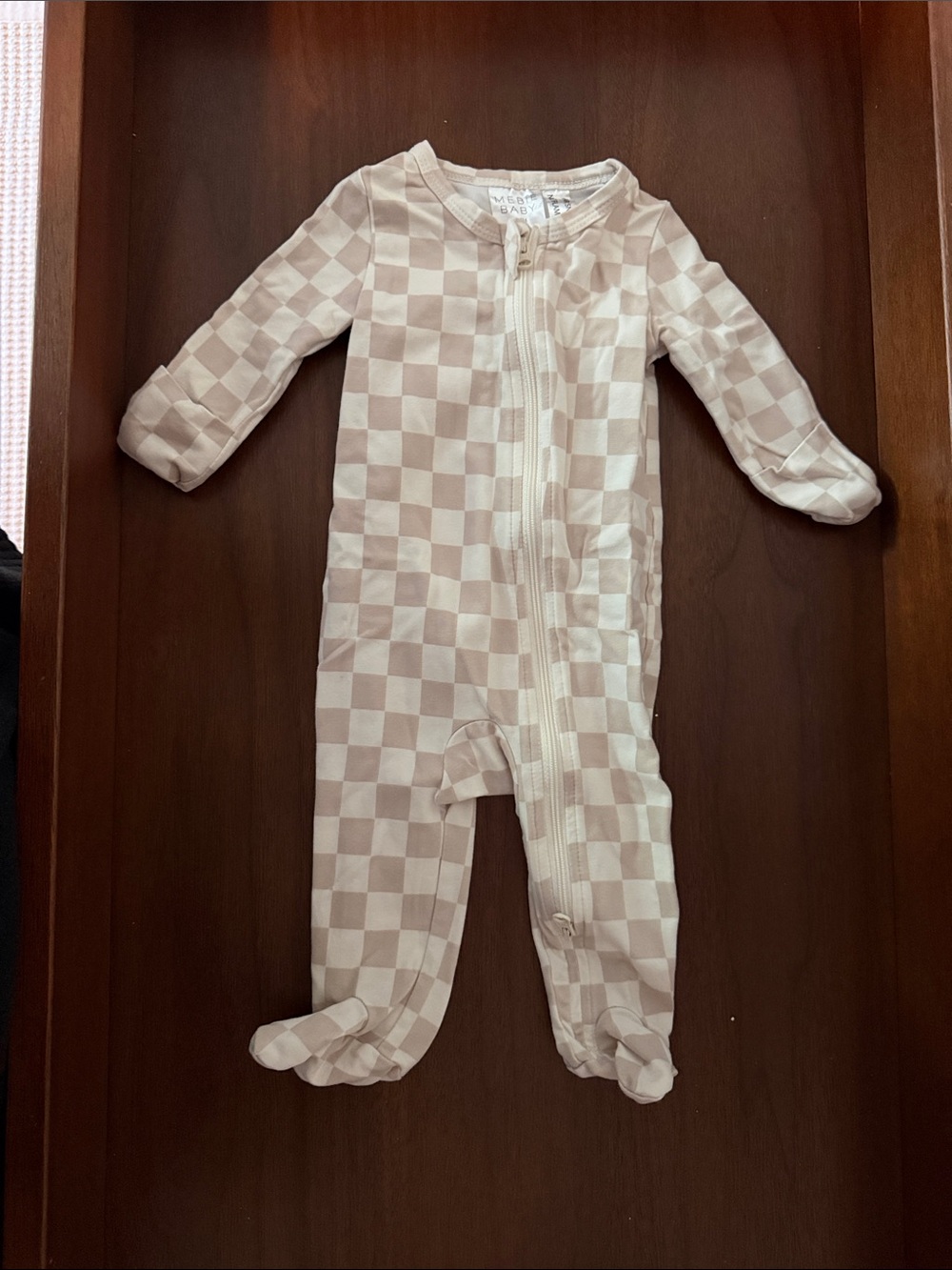 Checkered Beige Zip Front Baby Footie